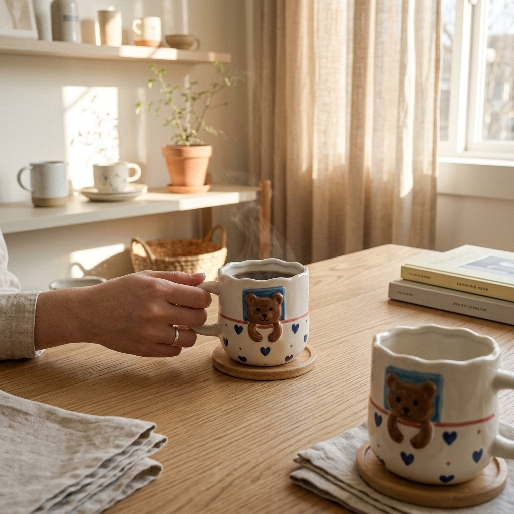 Handcrafted Bear Ceramic Coffee Mugs, Pack of 2, Cute Design