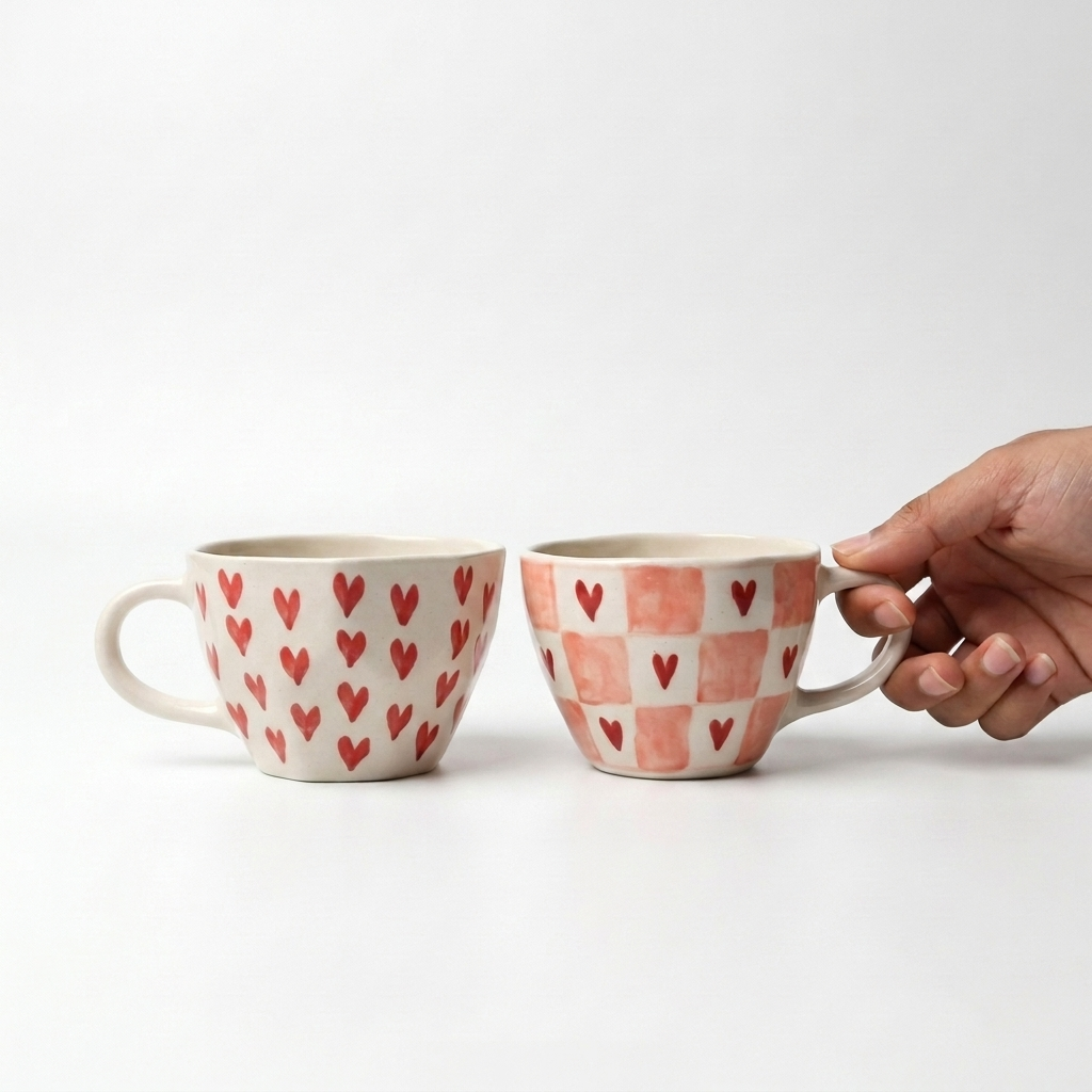 Handcrafted Ceramic Coffee Mugs Red Heart Design, Pack of 2, Heart Pattern