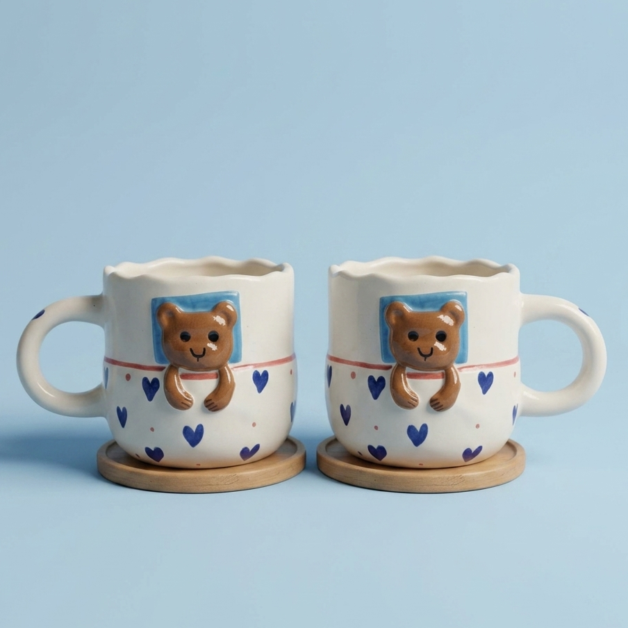 Handcrafted Bear Ceramic Coffee Mugs, Pack of 2, Cute Design