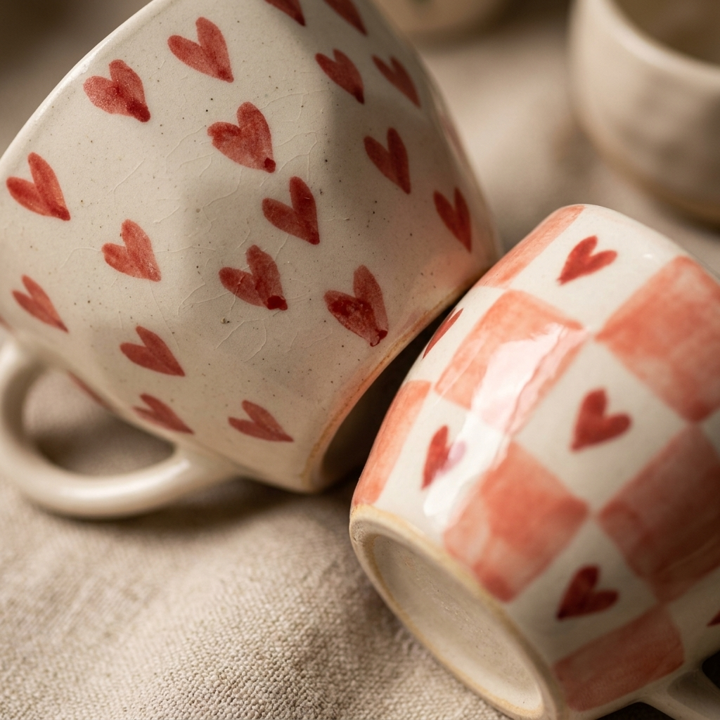 Handcrafted Ceramic Coffee Mugs Red Heart Design, Pack of 2, Heart Pattern