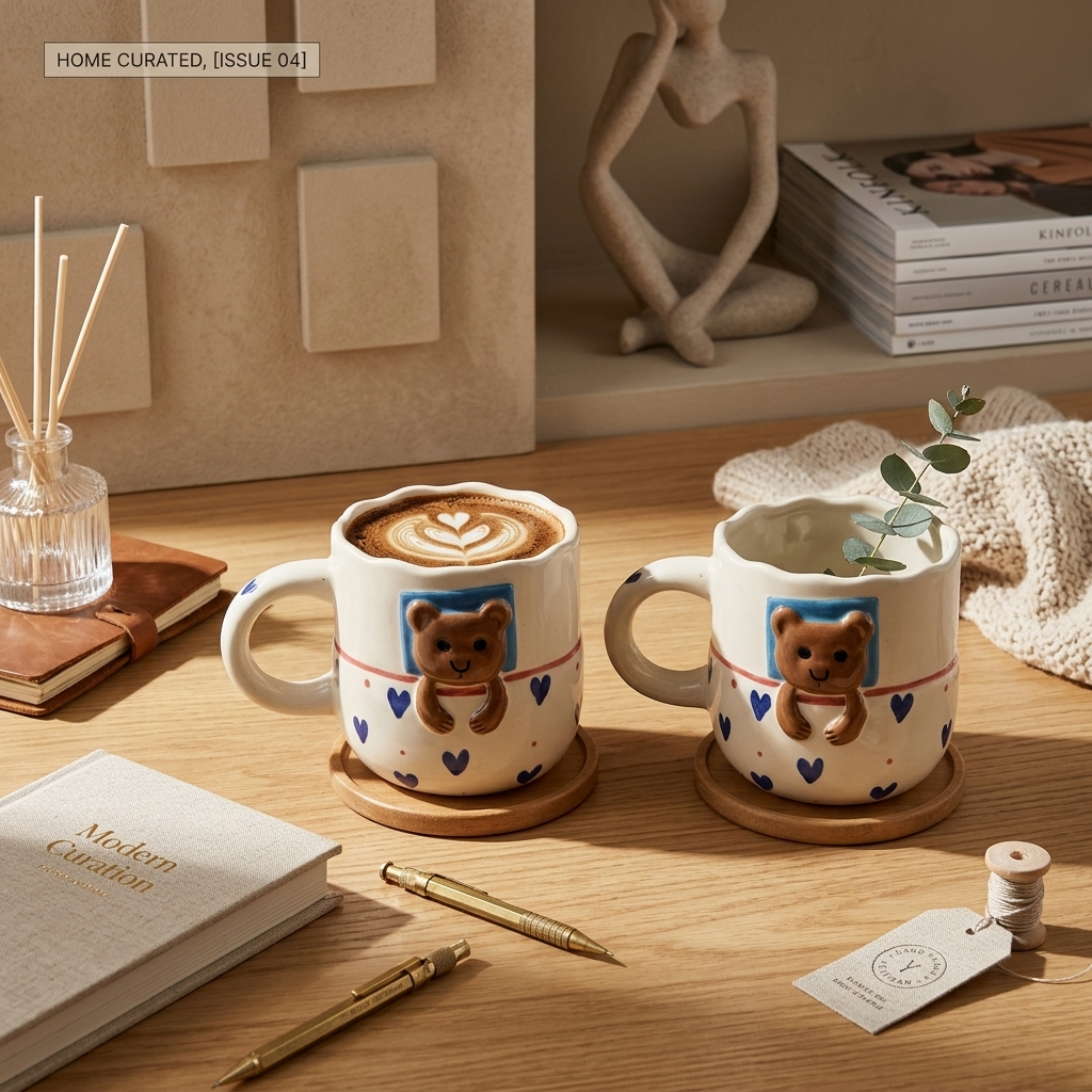 Handcrafted Bear Ceramic Coffee Mugs, Pack of 2, Cute Design
