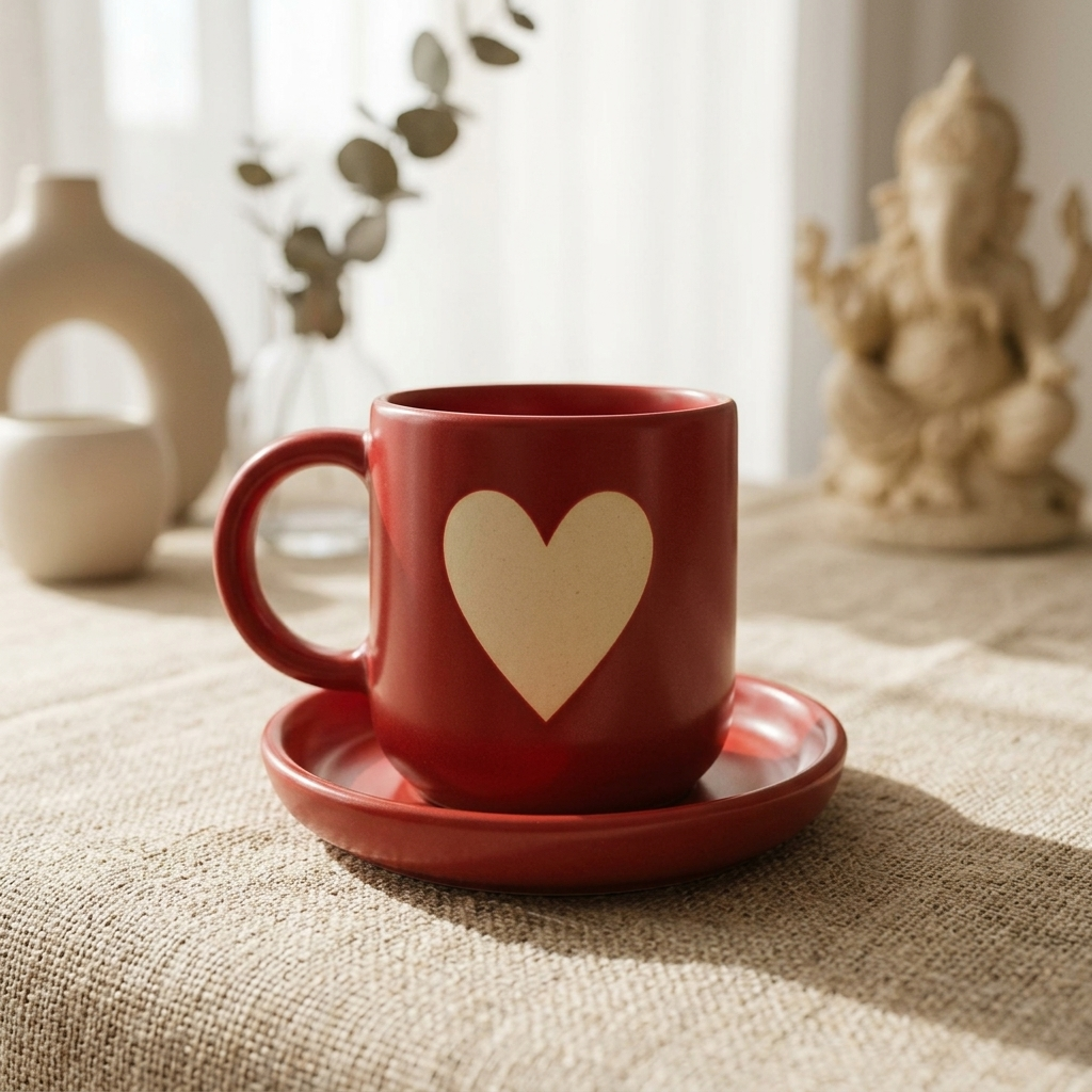 Handcrafted Red Heart Ceramic Mug, Pack of 1, Cozy Aesthetic Style