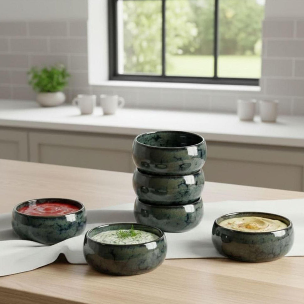 Handcrafted Ceramic Bowls, Pack of 6, Blue Glazed