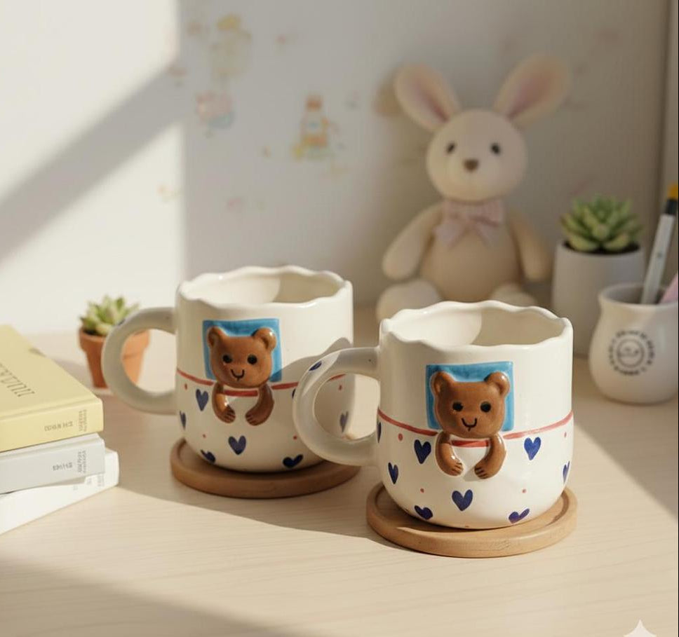 Handcrafted Bear Ceramic Coffee Mugs, Pack of 2, Cute Design