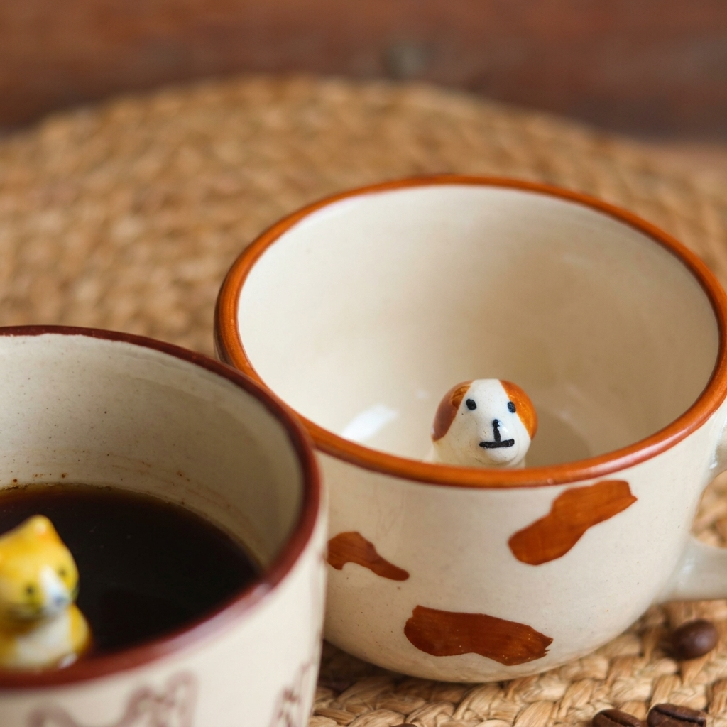 Handmade Ceramic Animal Coffee Mug with 3D Dog Cat Surprise Inside, Pack of 1, Unique Design