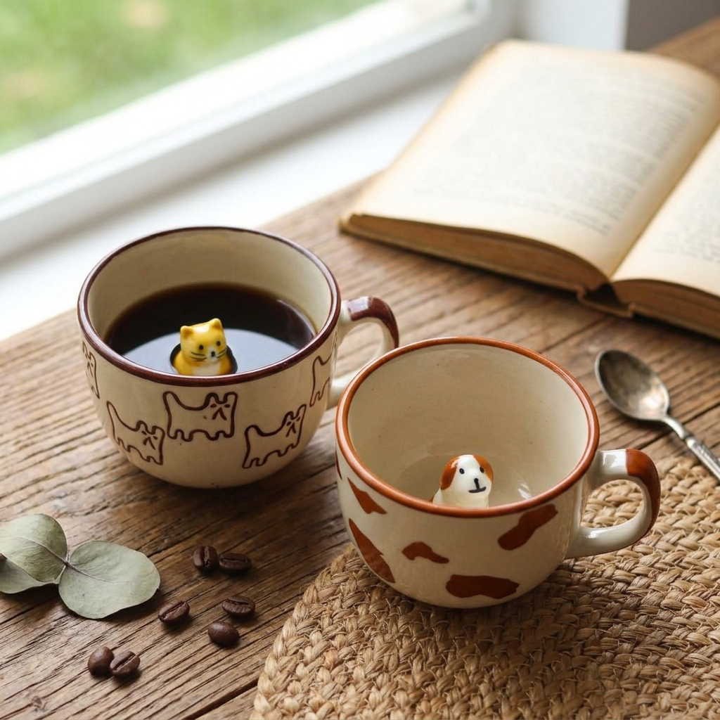 Handmade Ceramic Animal Coffee Mug with 3D Dog Cat Surprise Inside, Pack of 1, Unique Design