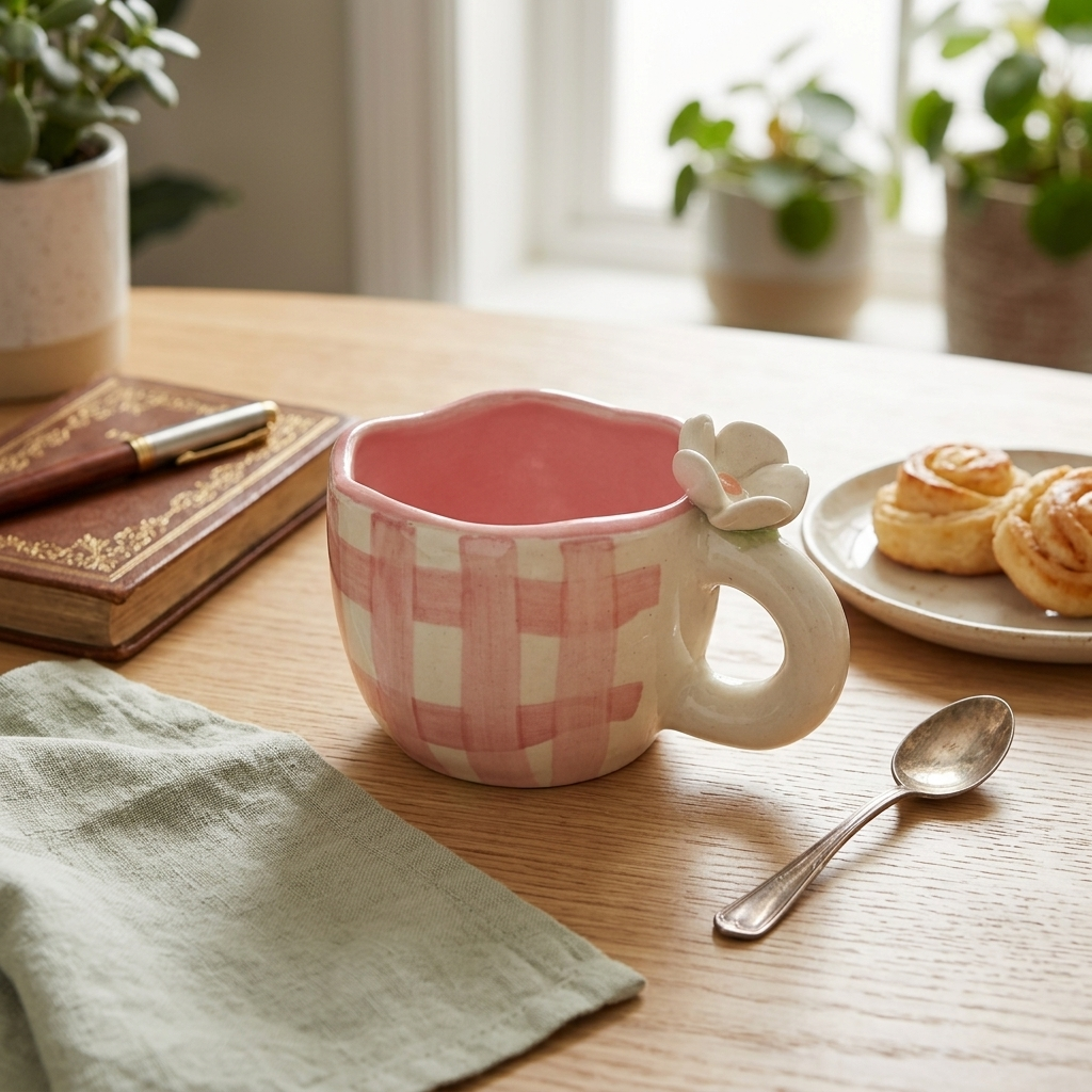 Handcrafted Ceramic Tea Coffee Cups Set, Pack of 2, Pink Cream Floral Handle
