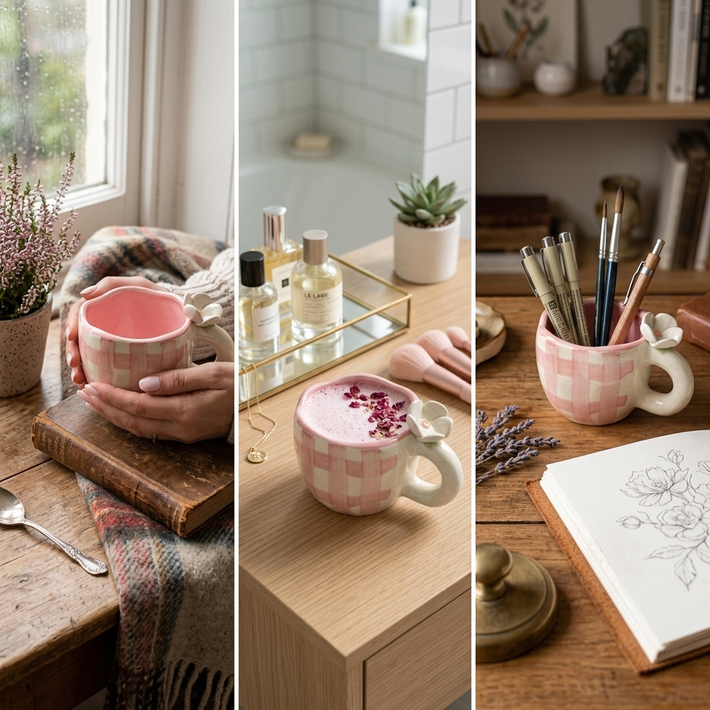 Handcrafted Ceramic Tea Coffee Cups Set, Pack of 2, Pink Cream Floral Handle