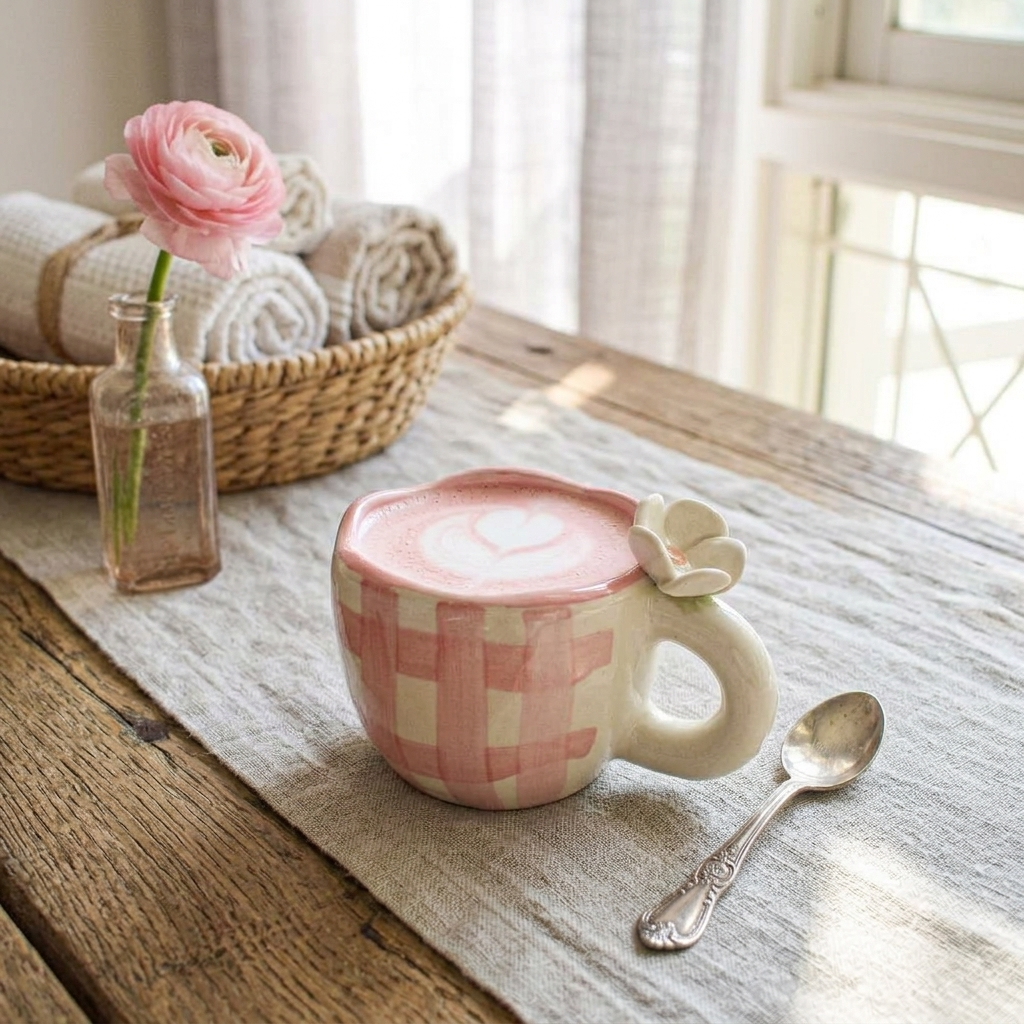 Handcrafted Ceramic Tea Coffee Cups Set, Pack of 2, Pink Cream Floral Handle