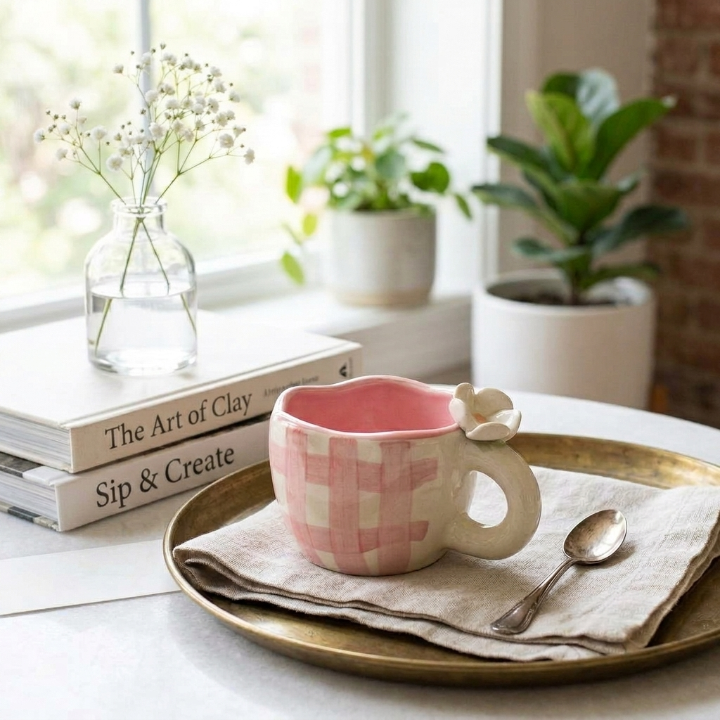 Handcrafted Ceramic Tea Coffee Cups Set, Pack of 2, Pink Cream Floral Handle