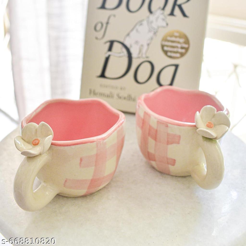 Handcrafted Ceramic Tea Coffee Cups Set, Pack of 2, Pink Cream Floral Handle