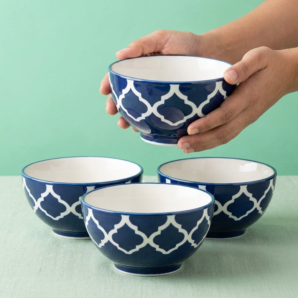 Elegance Ceramic Bowl Set, Pack of 4, Blue and White Floral Design