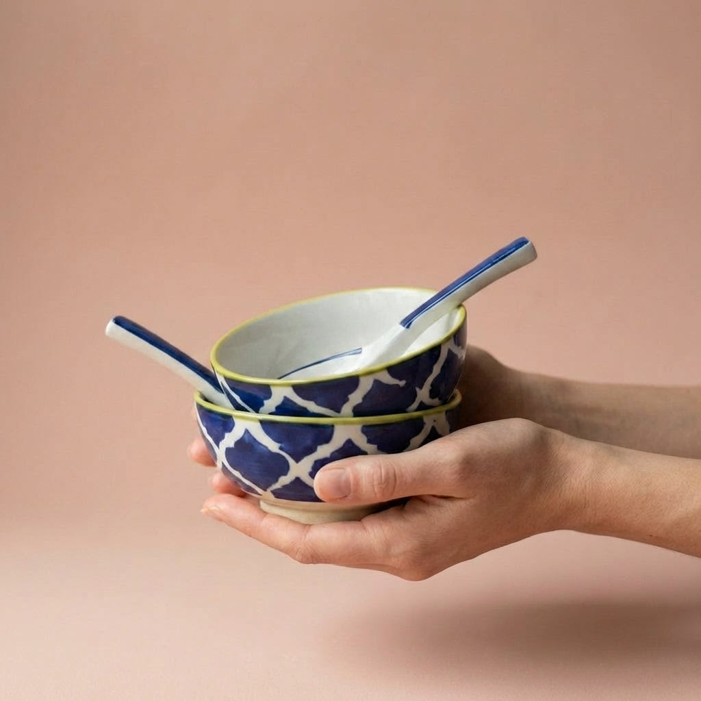 Ceramic Soup Bowl And Spoon Set, Pack of 4, Blue