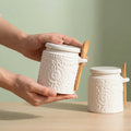 Ceramic Storage Jar With Spoon, Pack of 2, White Painted