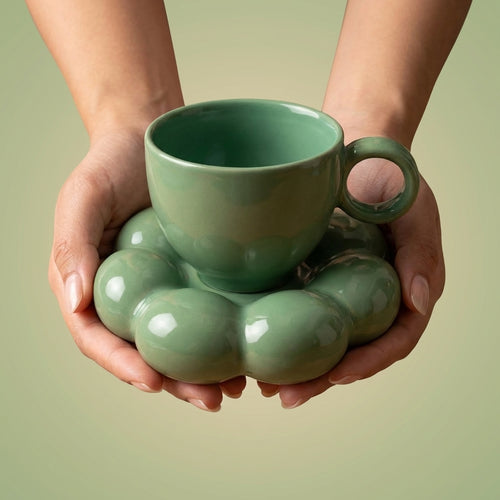 Bubble Ceramic Cup And Saucer Set, Pack of 1, Unique Green Coffee Tea Mug Modern Sculptural Design