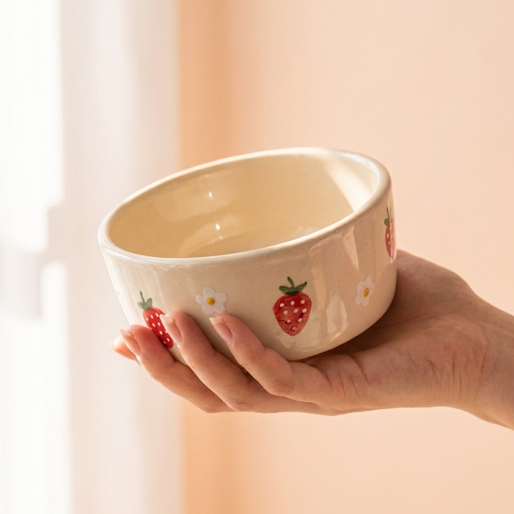 Handmade Ceramic Strawberry Bowl, Pack of 1, Cute Hand Painted Design