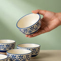 Handmade Ceramic Bowl Set, Pack of 4, Blue Floral Design