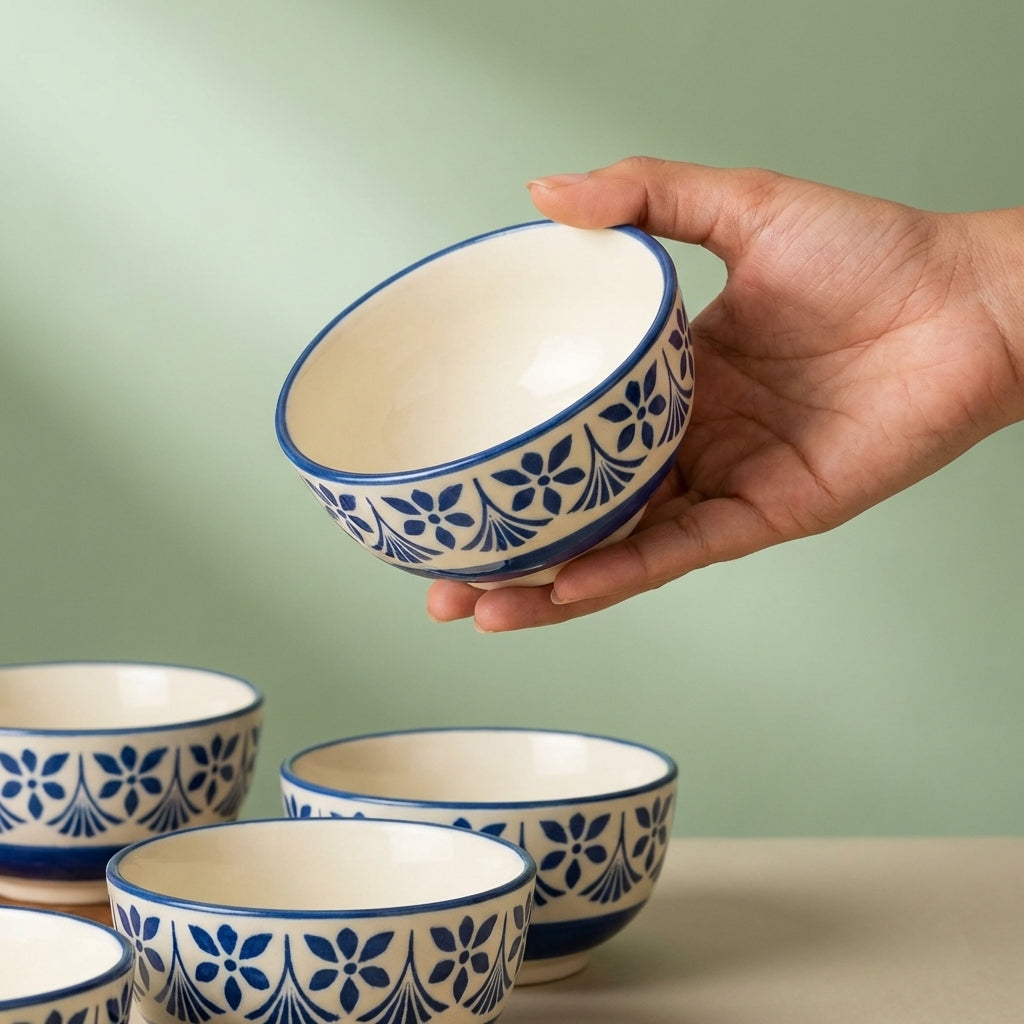 Handmade Ceramic Bowl Set, Pack of 4, Blue Floral Design