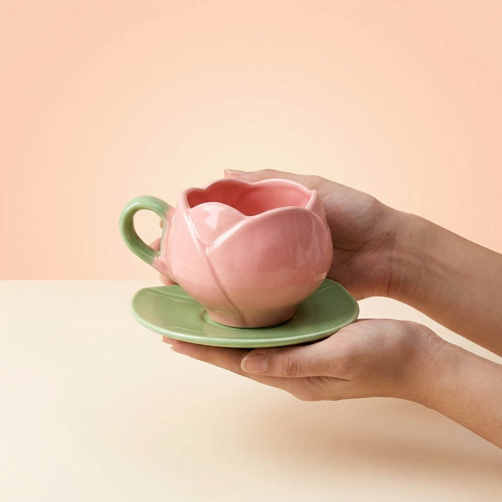 Pink Tulip Ceramic Tea Cup Set With Leaf Saucer, Pack of 1, Floral Design