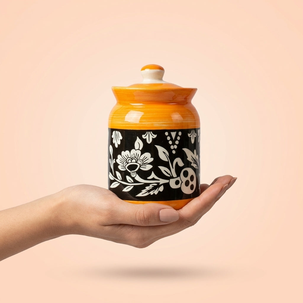 Handpainted Ceramic Pickle Storage Jar 1000ml, Pack of 1, Yellow Black Floral