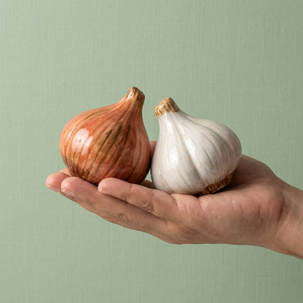 Ceramic Onion Garlic Salt Pepper Shaker Set, Pack of 2, Glossy White Kitchen Decor