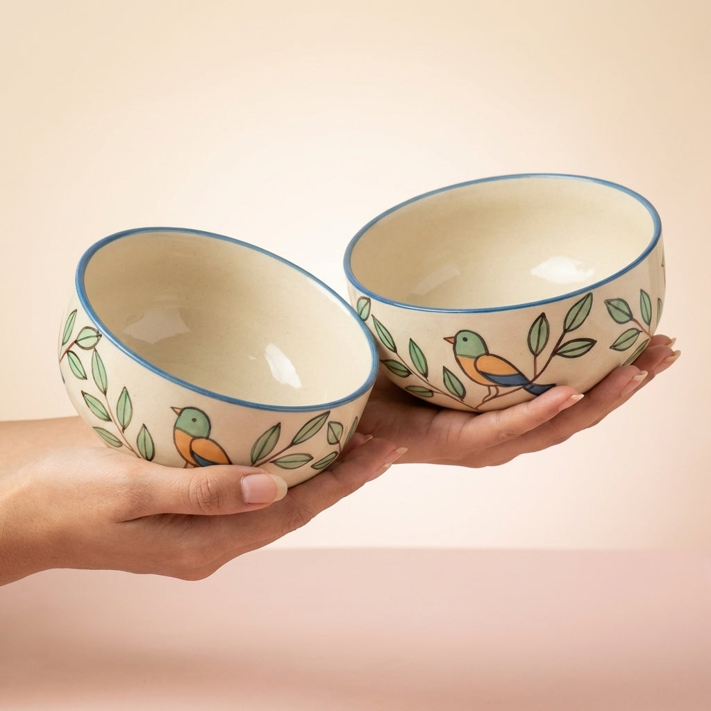 Handcrafted Ceramic Serving Bowls, Pack of 2, Bird Leaf Design