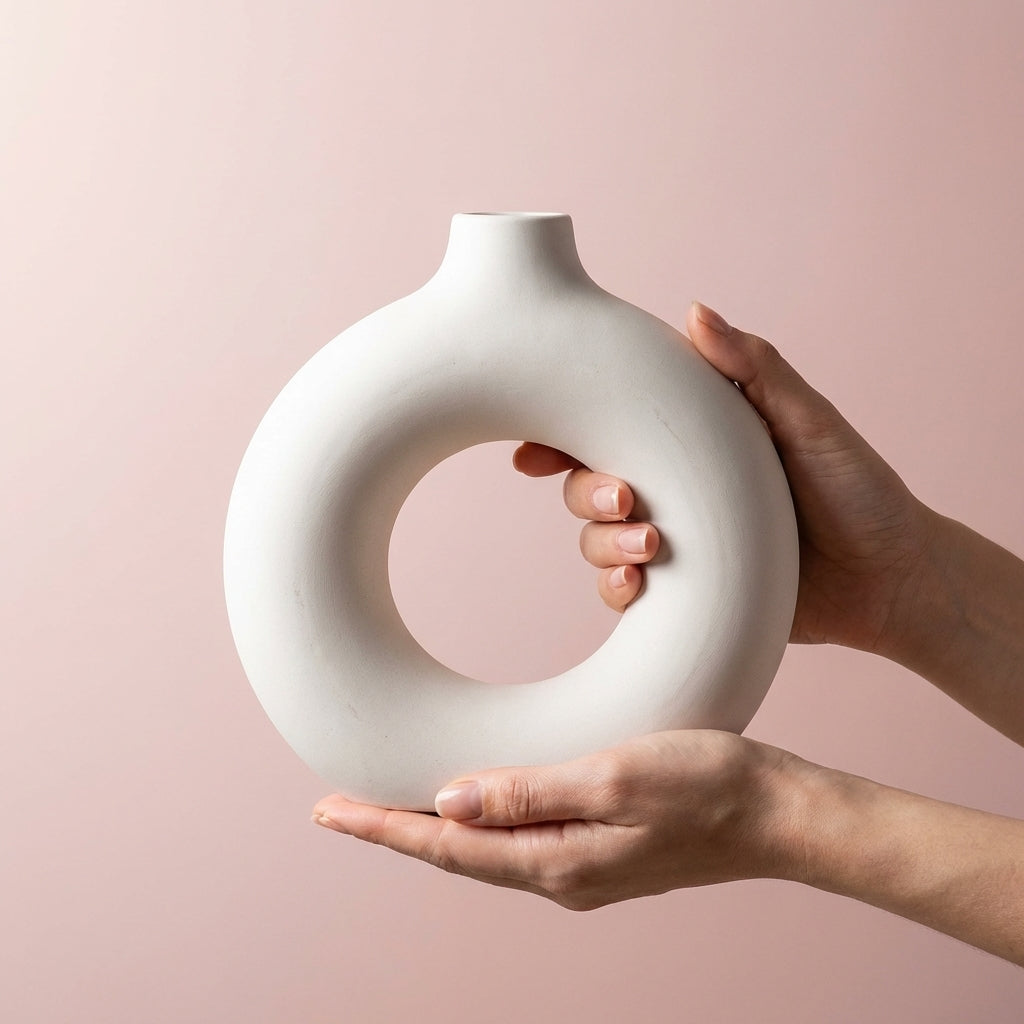 Ceramic Donut Vase, Pack of 1, White Modern Circular Design