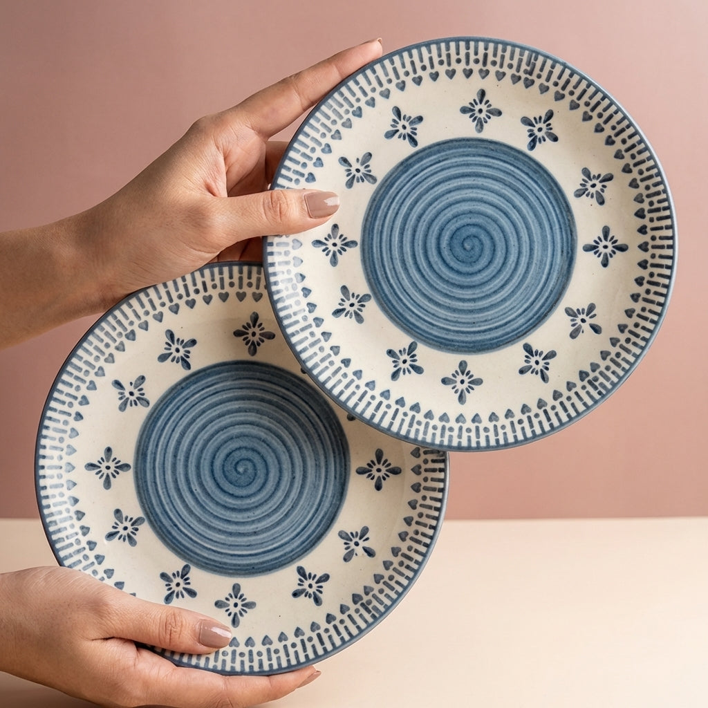 Claybender Ceramic Pasta Salad Plates, Pack of 2, Grey Border White