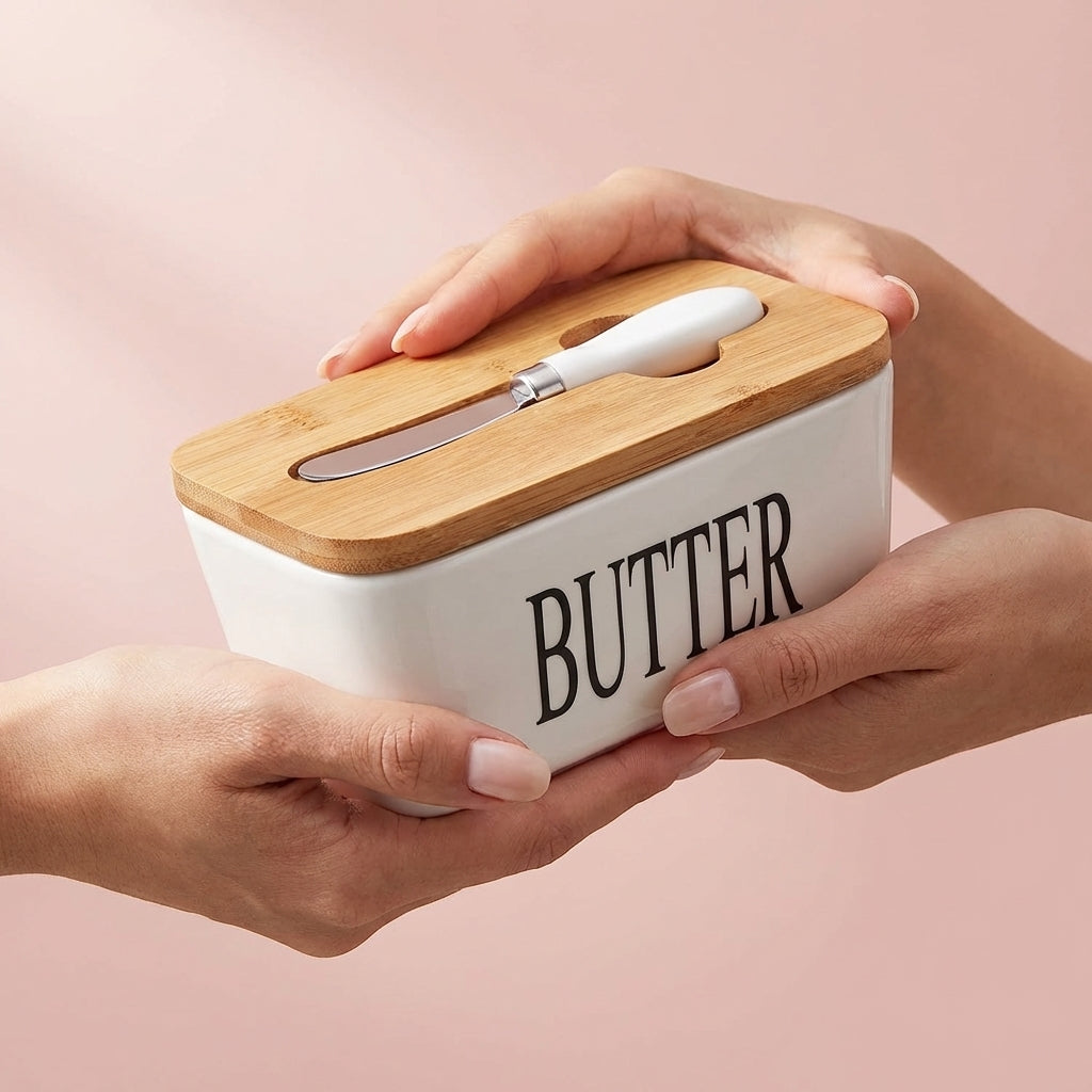 Ceramic Butter Dish With Wooden Lid And Steel Knife, Pack of 1, White