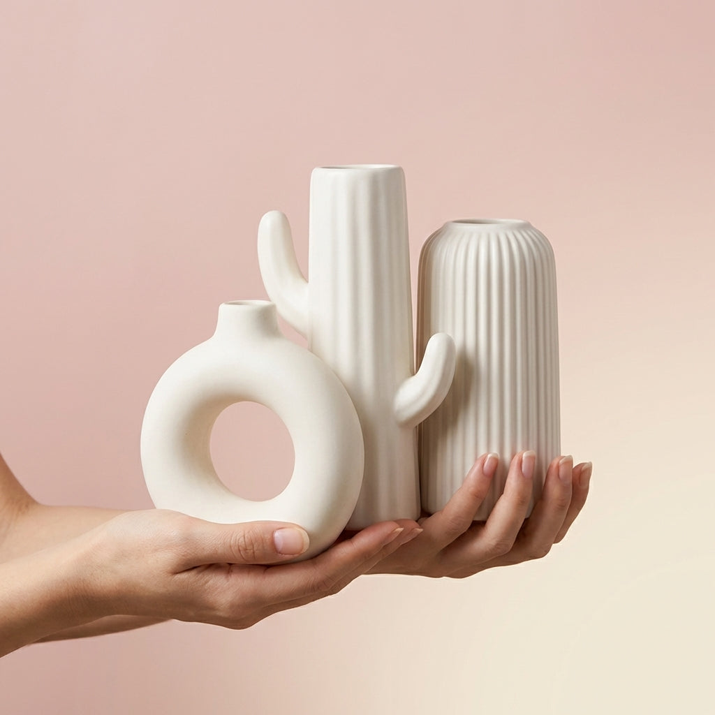 Premium Ceramic Vase Set, Pack of 3, Modern White Decorative Collection