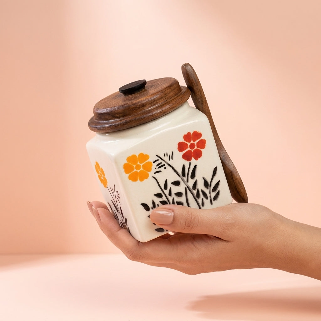 Floral Ceramic Kitchen Storage Jar With Wooden Lid And Spoon, Pack of 1, Classic Design