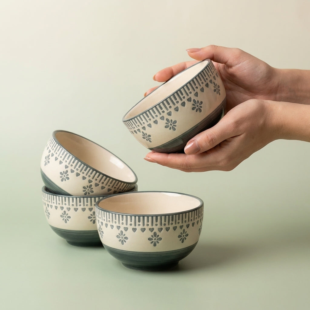 Premium Ceramic Serving Bowls, Pack of 4, Designer Printed