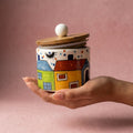 Ceramic Village Storage Jar With Wooden Lid, Pack of 1, Multicolour