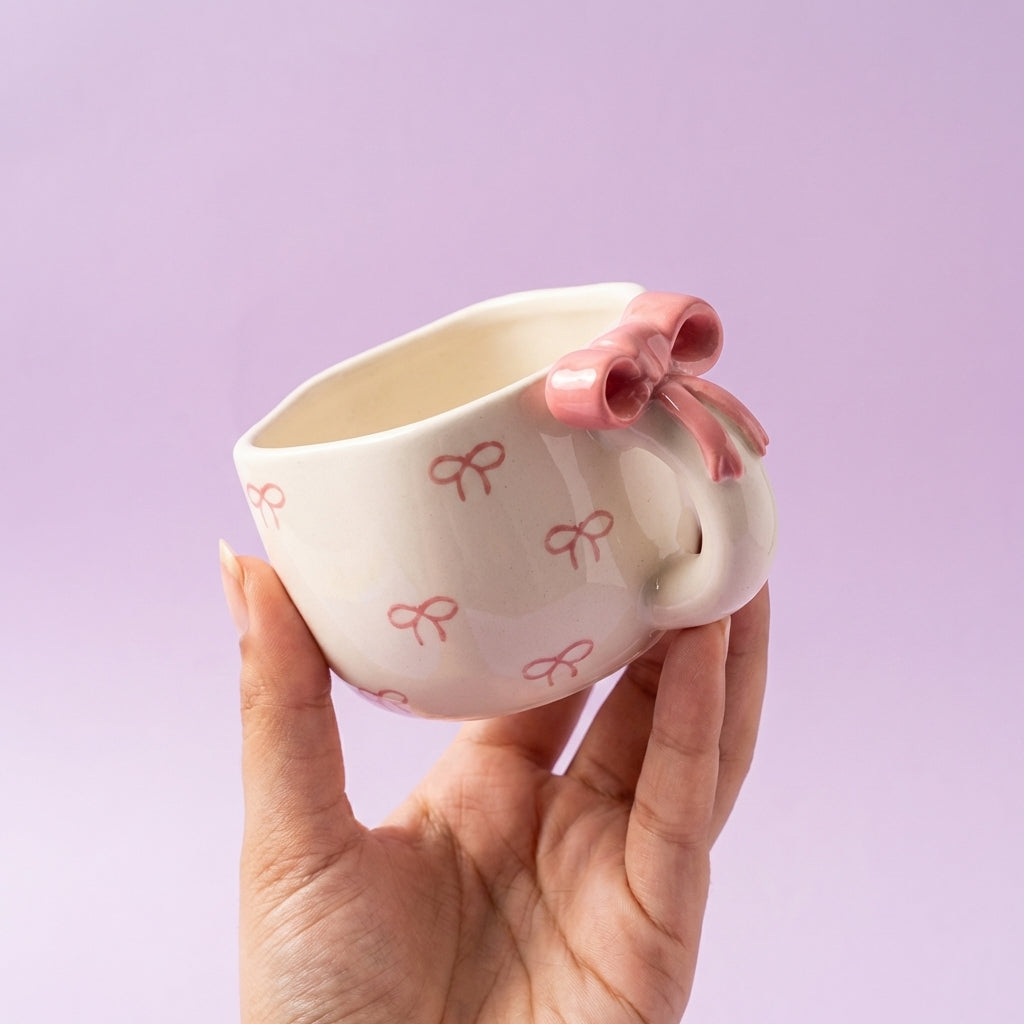 Traditional Ceramic Coffee Mug with Bow Print Design, Pack of 1, Classic Style