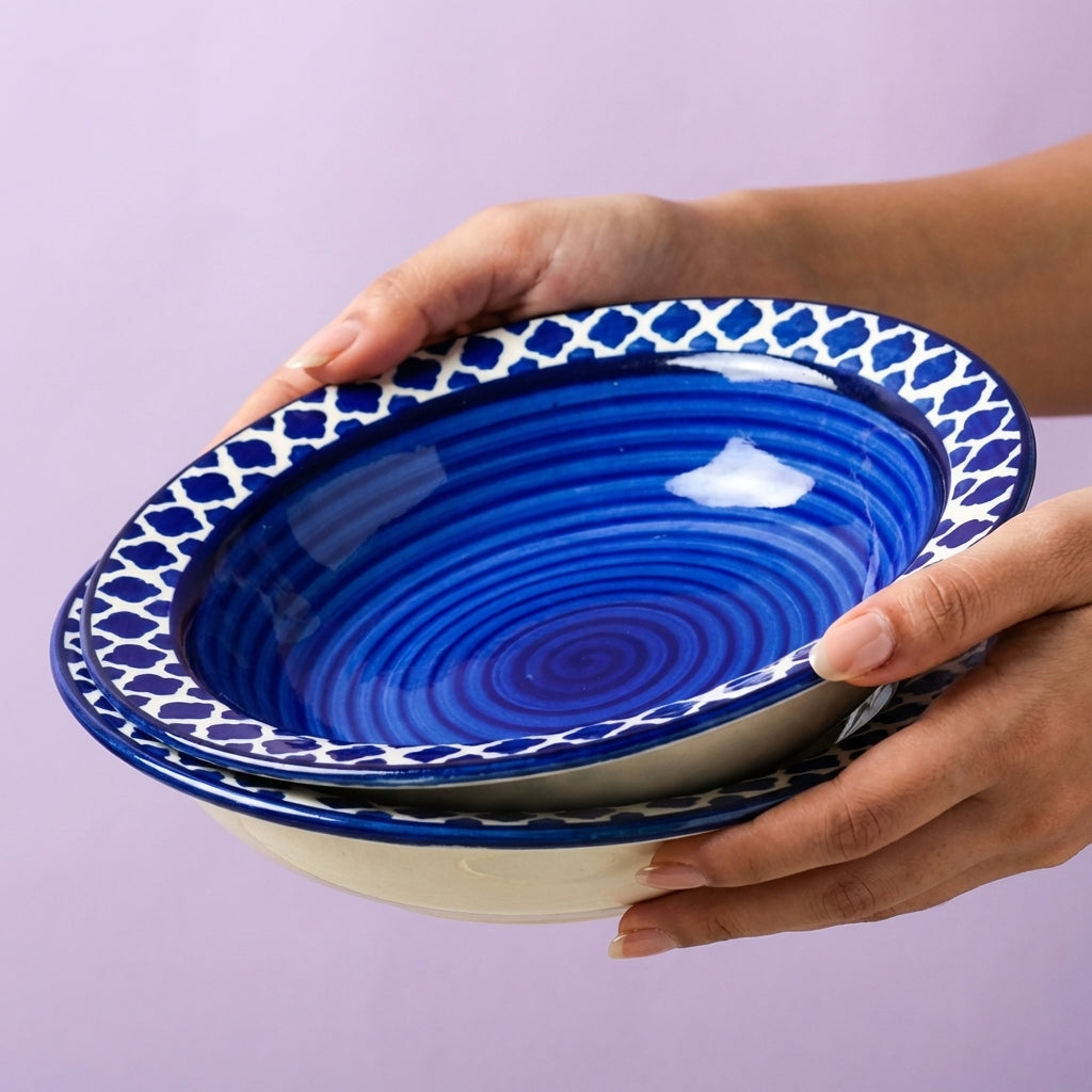 Claybender's Ceramic Dinner Plates, Pack of 2, Blue Border White