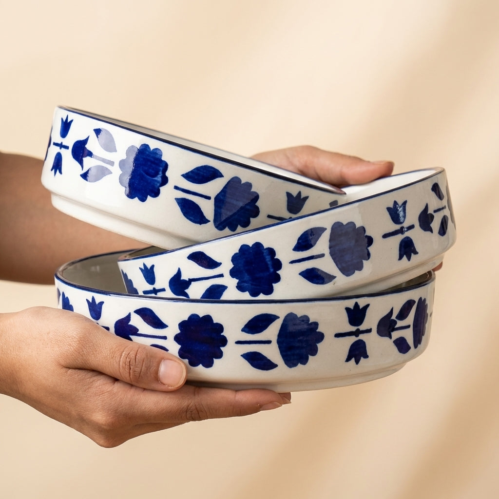 Maya Handmade Ceramic Serving Bowl Set, Pack of 3, Stylish Blue Deep Plates