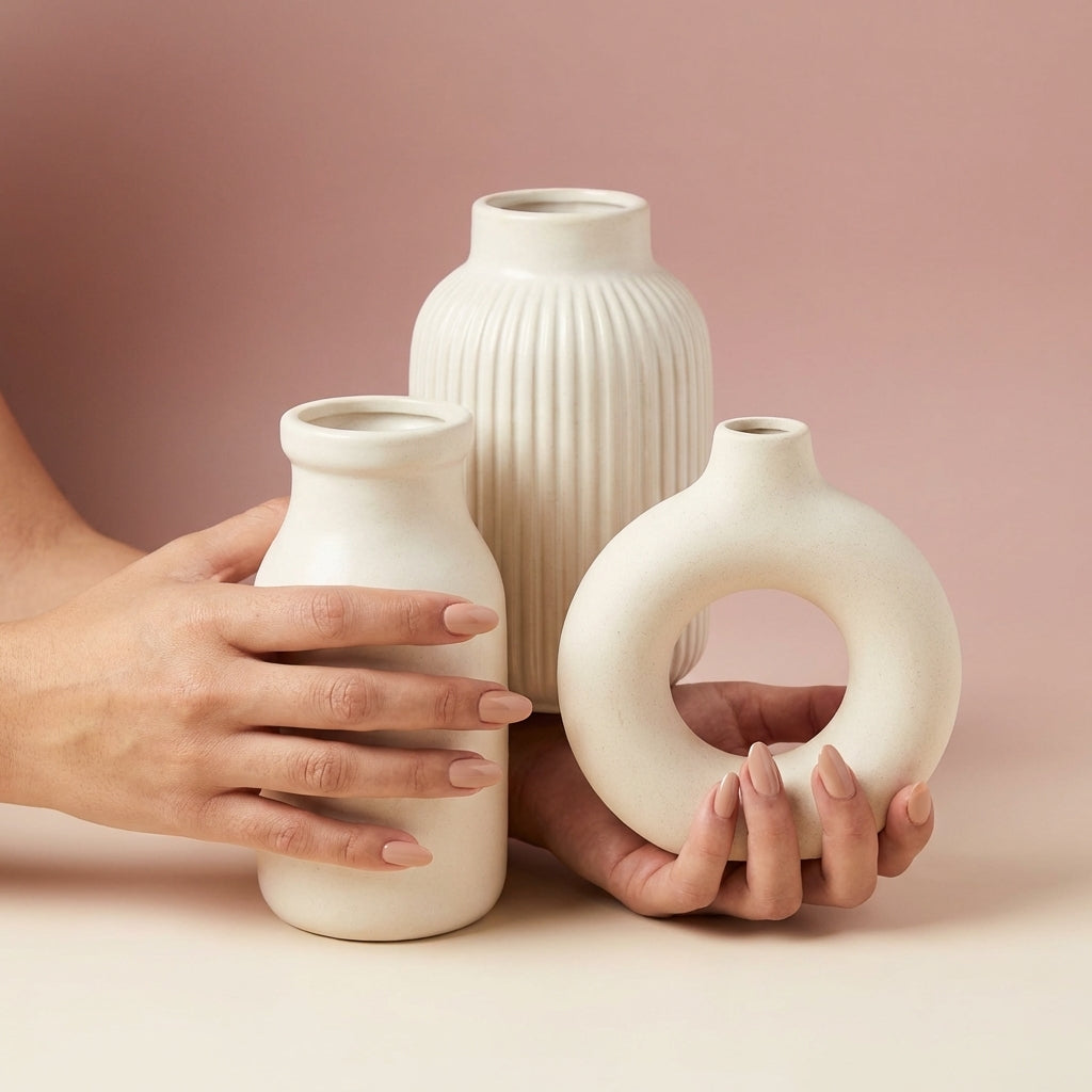 Premium Ceramic Vases Set, Pack of 3, Modern Off White Ribbed Donut Milkjar Design