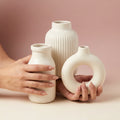 Premium Ceramic Vases Set, Pack of 3, Modern Off White Ribbed Donut Milkjar Design