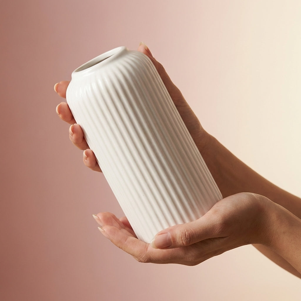 White Ceramic Ribbed Vase, Pack of 1, Modern Farmhouse Style