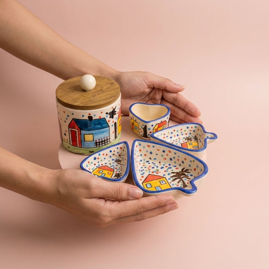 SAJAAO Handcrafted Ceramic Serving Bowl and Jar Set, Pack of 6, Multicolor Village Theme