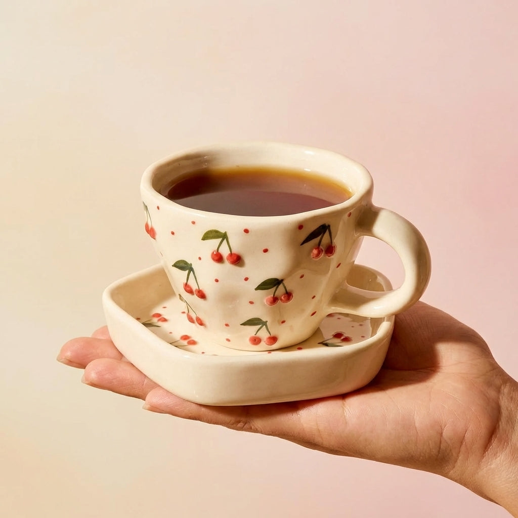 White Cherry Blossom Ceramic Tea Cup And Saucer Set, Pack of 1, Classic White