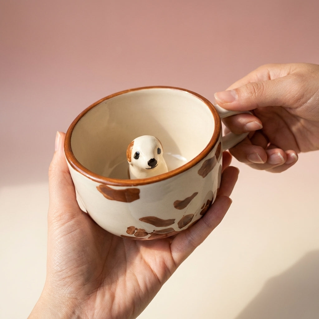 3D Puppy Ceramic Coffee Mug, Pack of 1, Brown White Paw Print