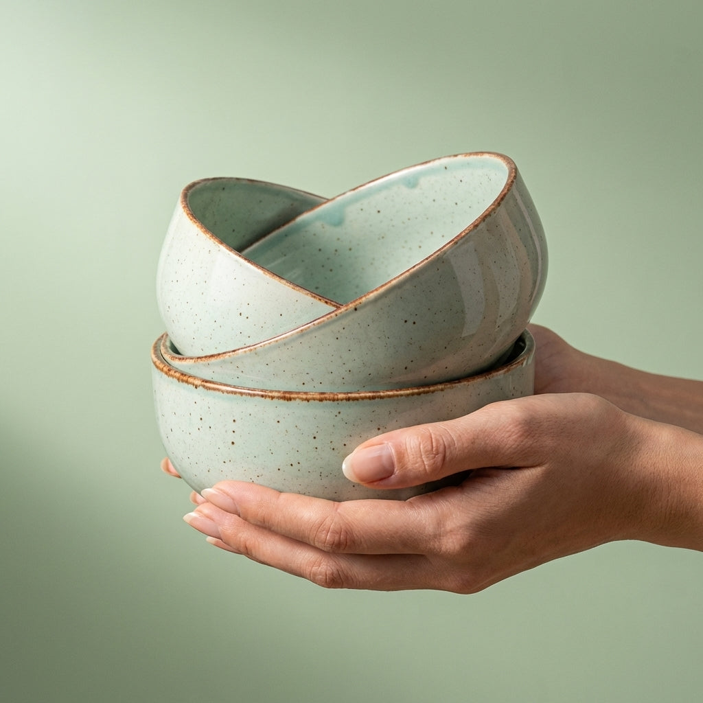 Premium Ceramic Speckled Soup Bowl Set, Pack of 2, Aqua Green With Rustic Border