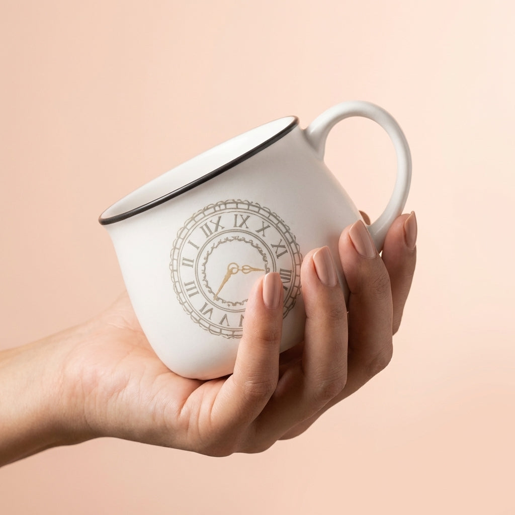 White Ceramic Tea Cups, Pack of 6, Classic Clock Design