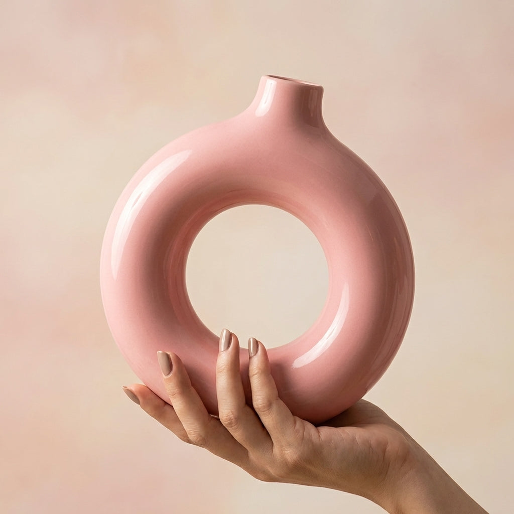 Pink Donut Ceramic Flower Vase, Pack of 1, Handcrafted Artistic Home Decor
