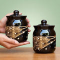 Handmade Ceramic Storage Jars, Pack of 2, Black Dotted Traditional Pottery Containers 1000ml
