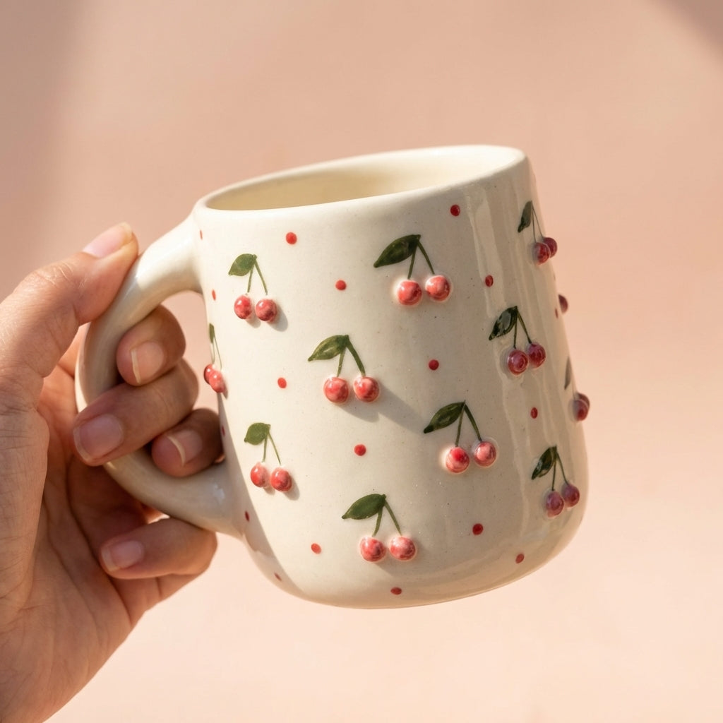 Handcrafted Ceramic Coffee Mug, Pack of 1, Cherry Design