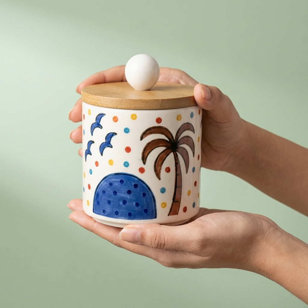 MUDMINGLE Hand Painted Ceramic Storage Jars With Wooden Lids, Pack of 2, Decorative Kitchen