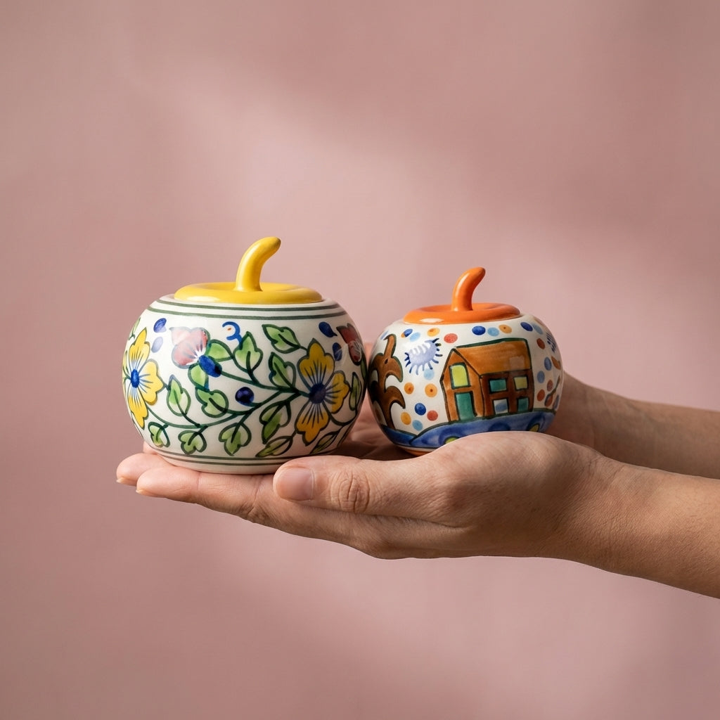 Handcrafted Ceramic Storage Jars, Pack of 2, Floral Decorative Pattern
