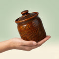 Ceramic Brown Pickle Jar With Lid, Pack of 1, Elegant Leaf Design